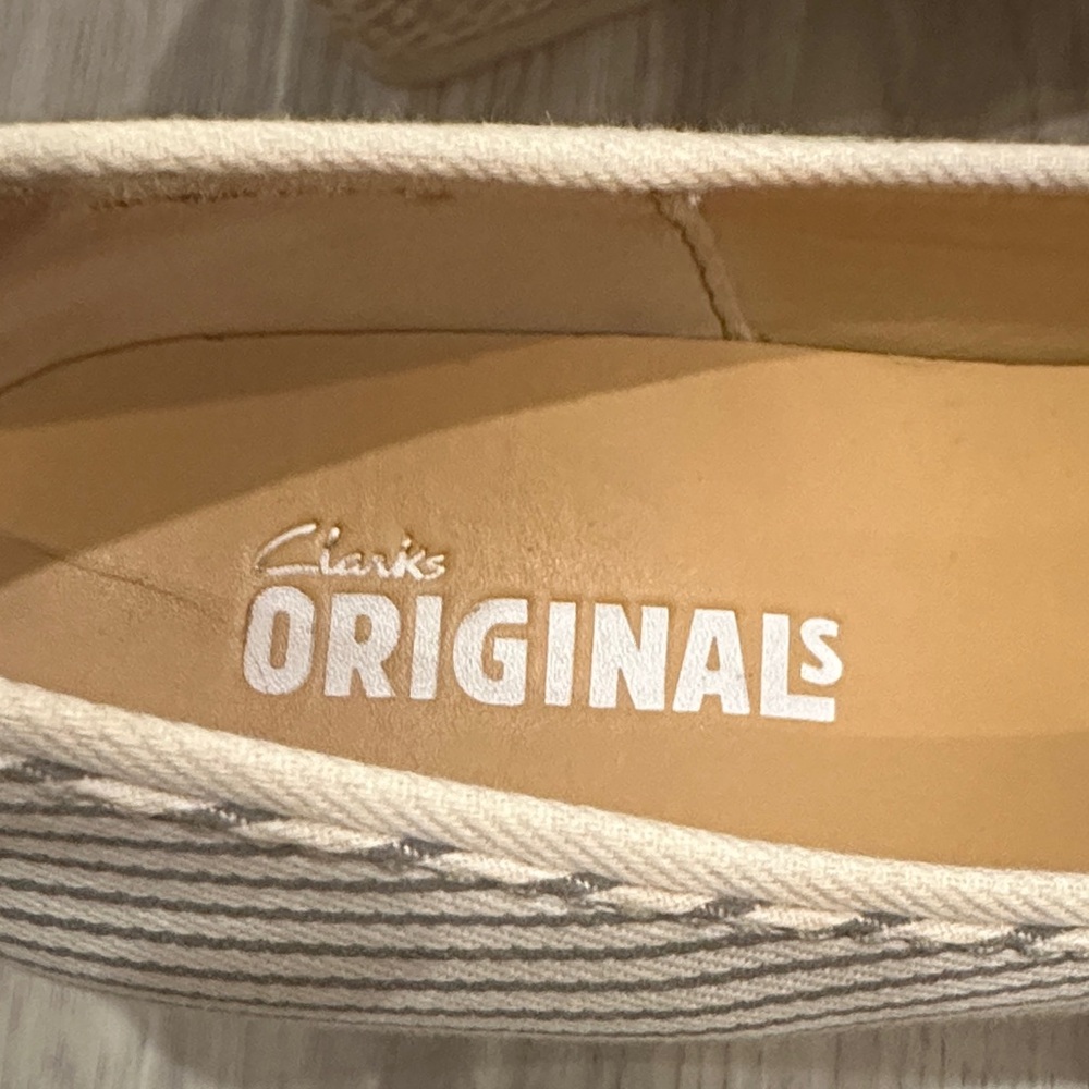 Clarks Tan and Cream, blue Striped Wedges - Picture 3 of 5